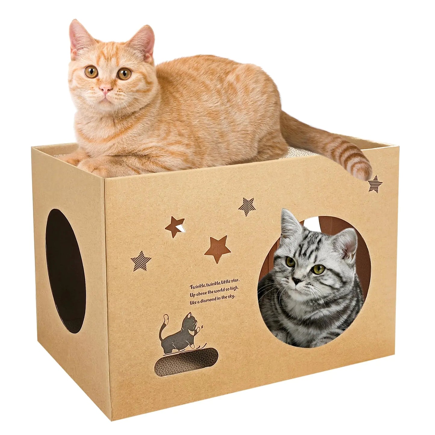 Cardboard Cat House with 2 Pcs Scratching Board 17" L x 12" W x 12" H Cat Play Houses for Indoor Cats Cat Scratcher House with Corrugated Board Detachable Cat Scratcher Box